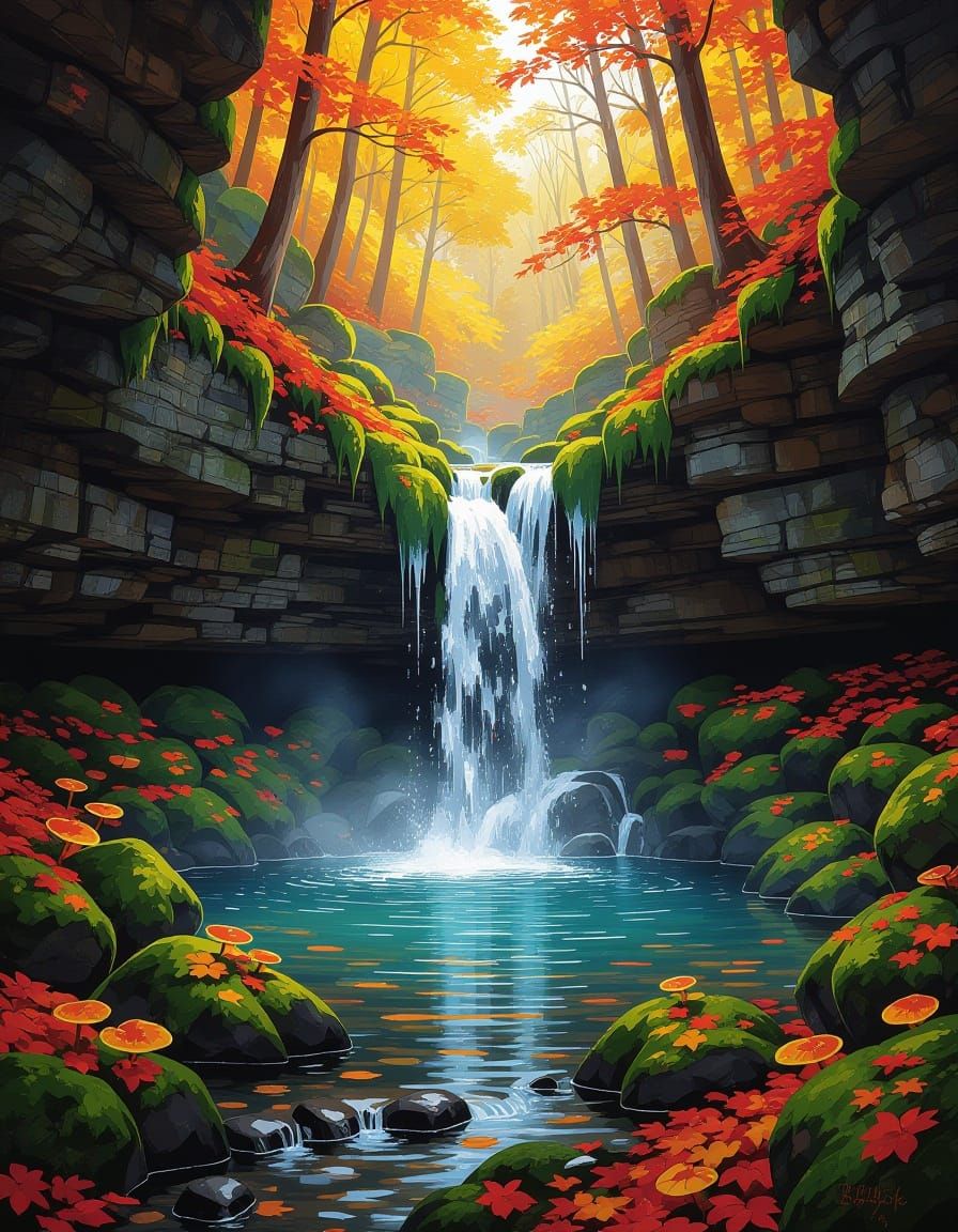 Mystical Grotto Waterfall in Autumn Light, Painterly Style