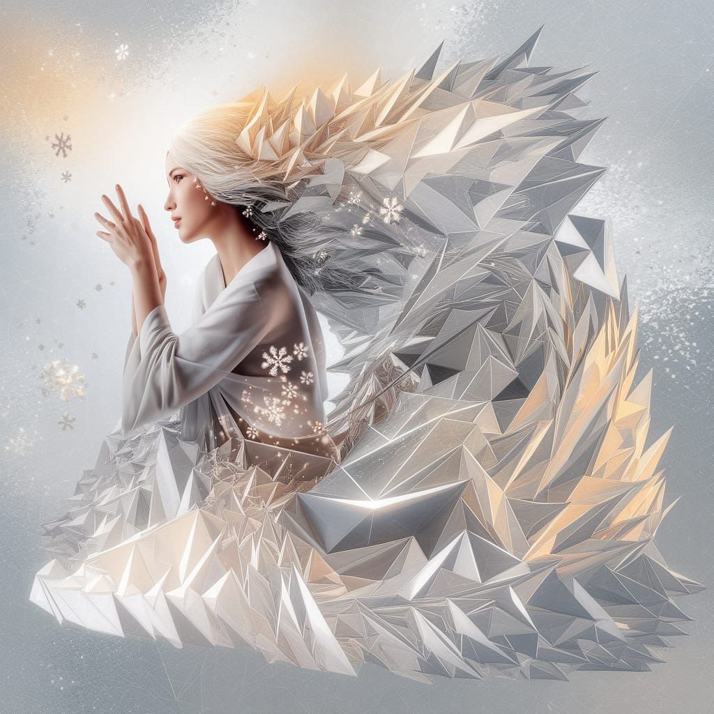 Woman in White Robe Amidst Snowy Triangles