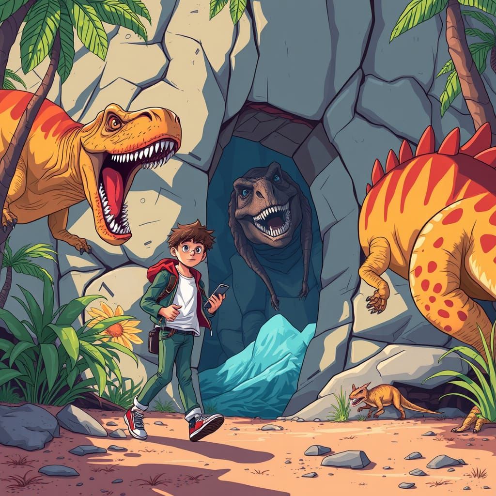Teenager's Cartoon Portal to the Age of Dinosaurs