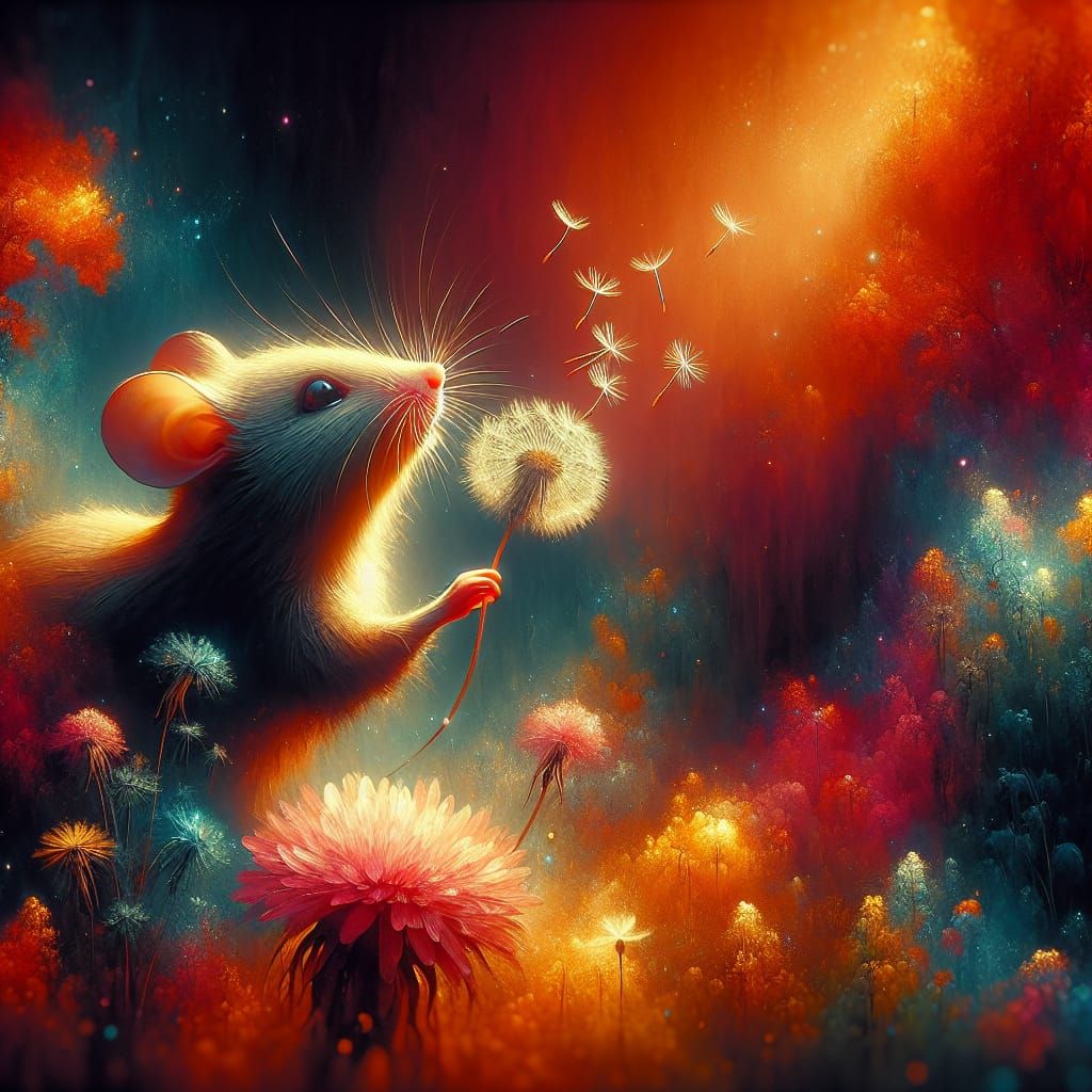 Beautiful bright watercolor painting, a mouse holding a dandelion and blowing its seeds, Autumn, dark background, beauti...