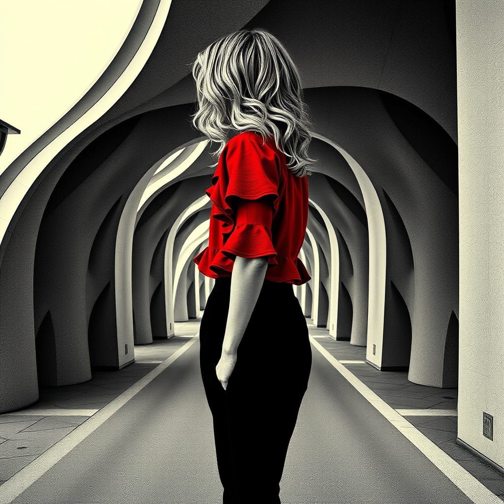 Surreal Cityscape with Woman in Geometric Tessellations