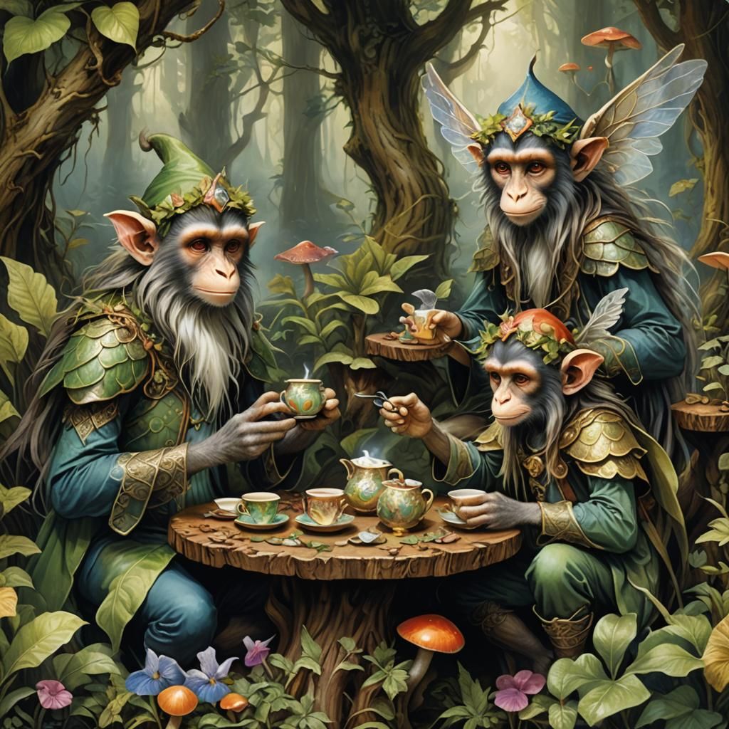 Whimsical Forest Elves Enjoy Magical Tea Time