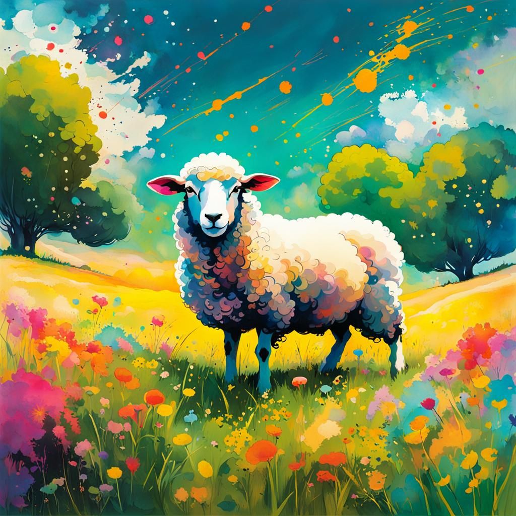 Elegant Fantasy Sheep in Whimsical Meadow