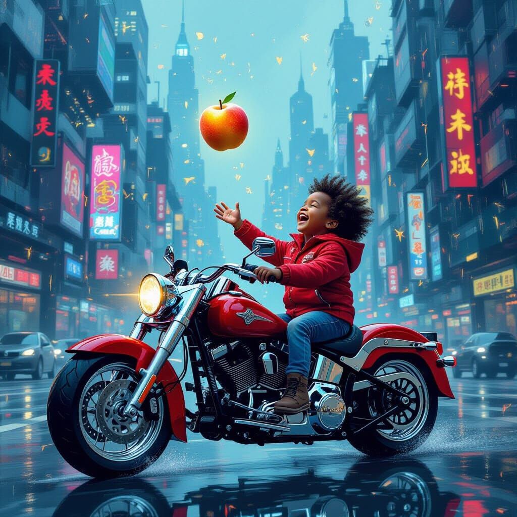 Joyful Child on Futuristic Motorcycle with Glowing Peach
