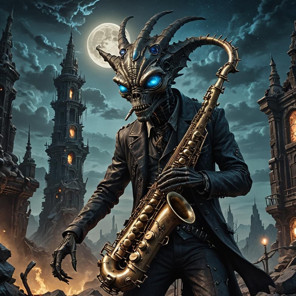 Steampunk Alien Saxophonist in Midnight Landscape