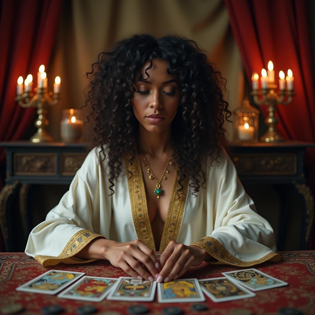 Mystical Tarot Reader in a Dreamlike Chamber