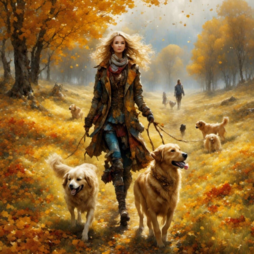 Goddess of Autumn in Celtic attire with Golden Retriever in....
