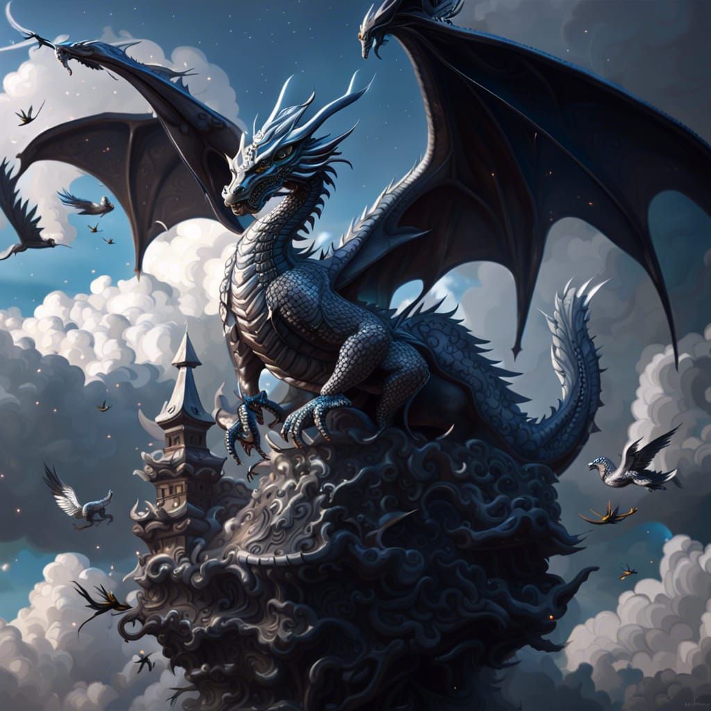Regal Dragon on Celestial Throne, Fantasy Art