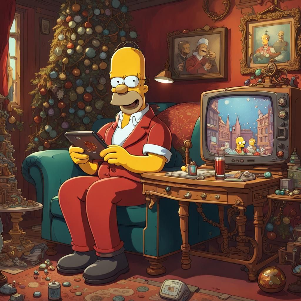 Surreal Steampunk Homer Simpson in Red Suit at Christmas