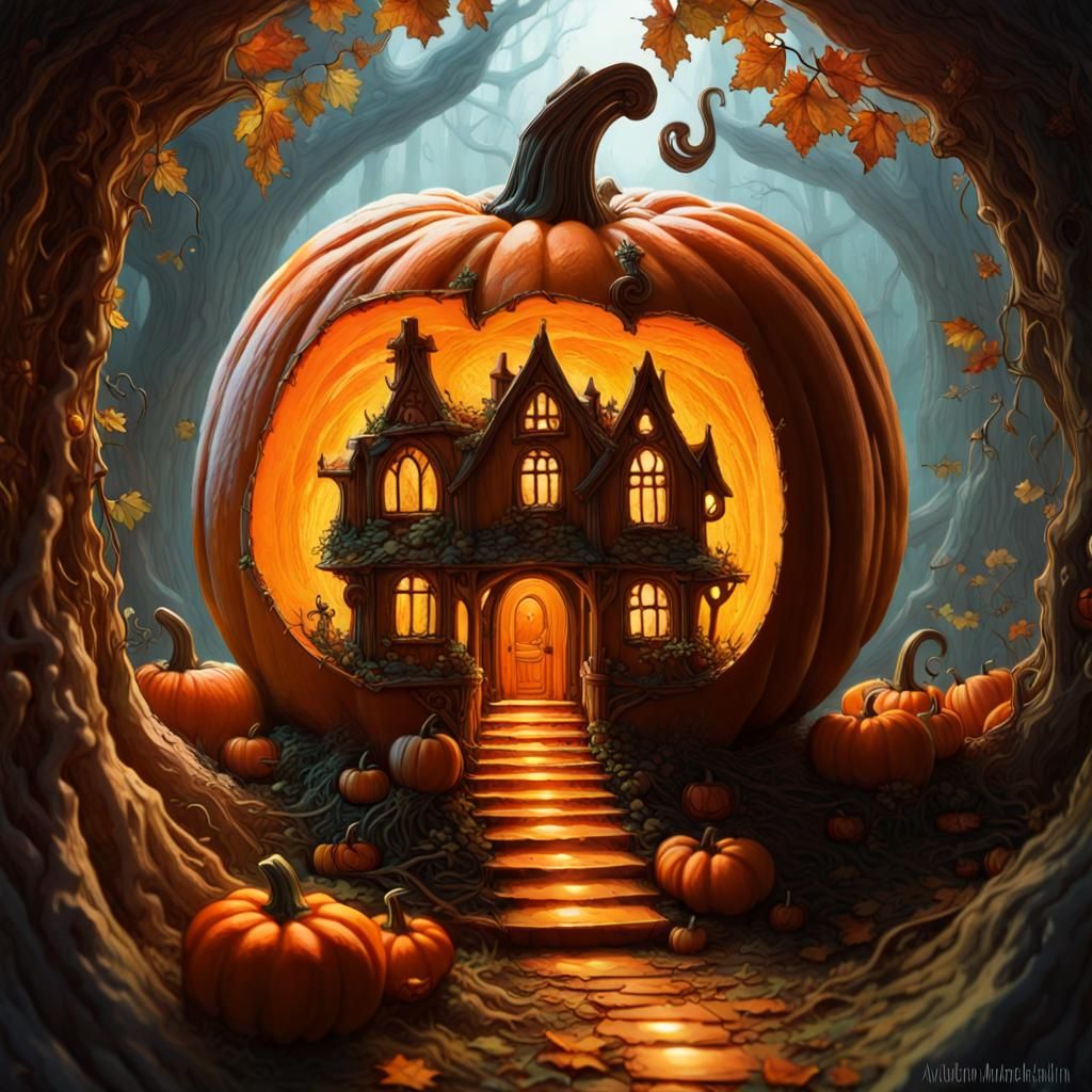 Surreal Faery House Carved from Glowing Pumpkin