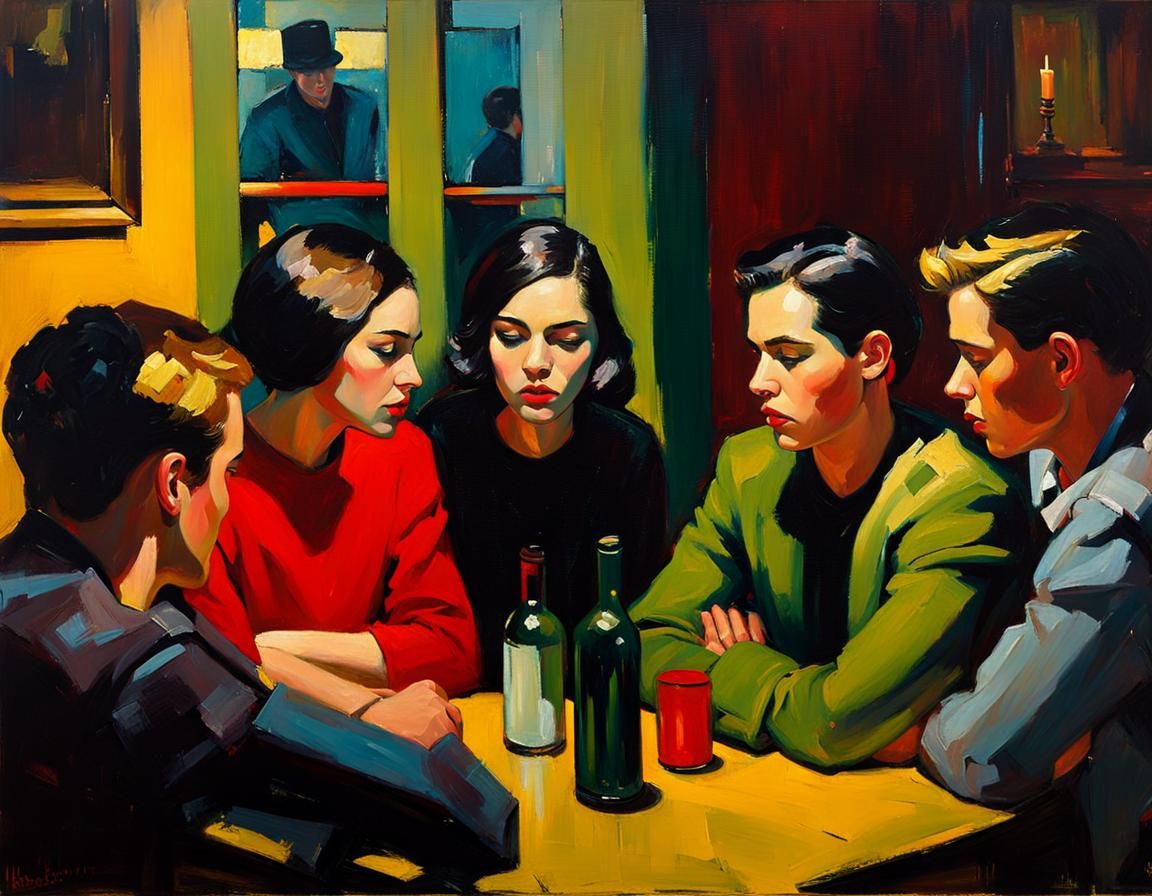 Muted House Party Scene in Thick Impasto Oil Painting Style