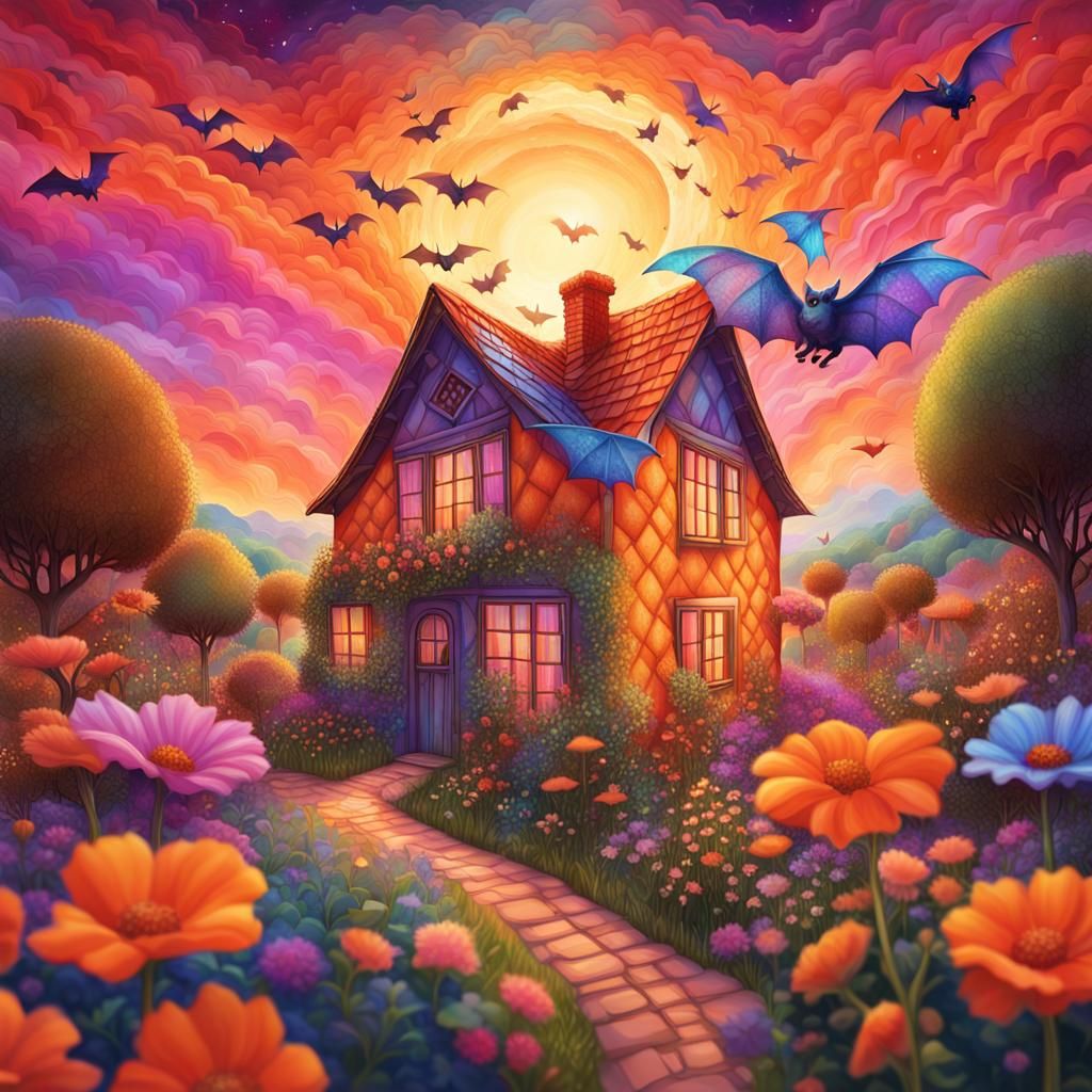Bat Takes Flight over Enchanted Cottage Garden at Sunset