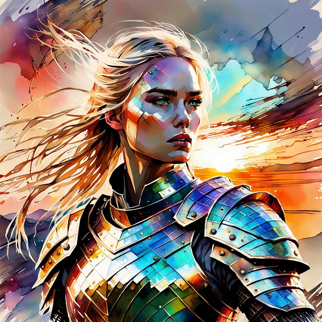 Stunning Female Warrior in Iridescent Armor Amidst Sunset Fa...