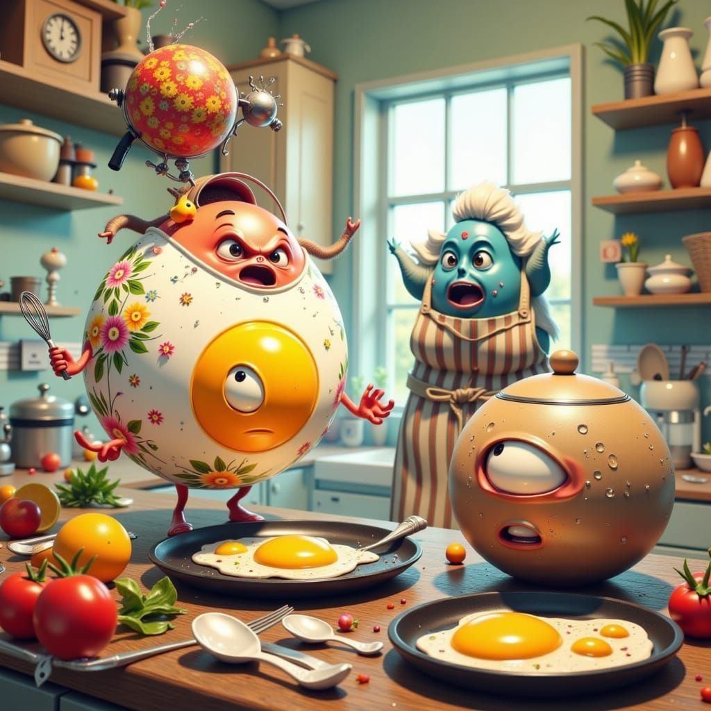 Furious Egg Throws Coffee Maker in Cartoon Style