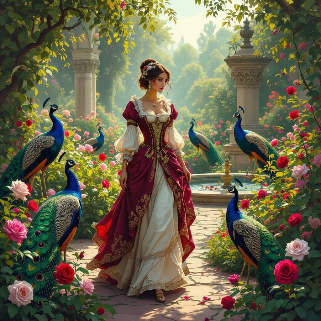 Noblewoman in Rose Garden: Medieval Painting Style