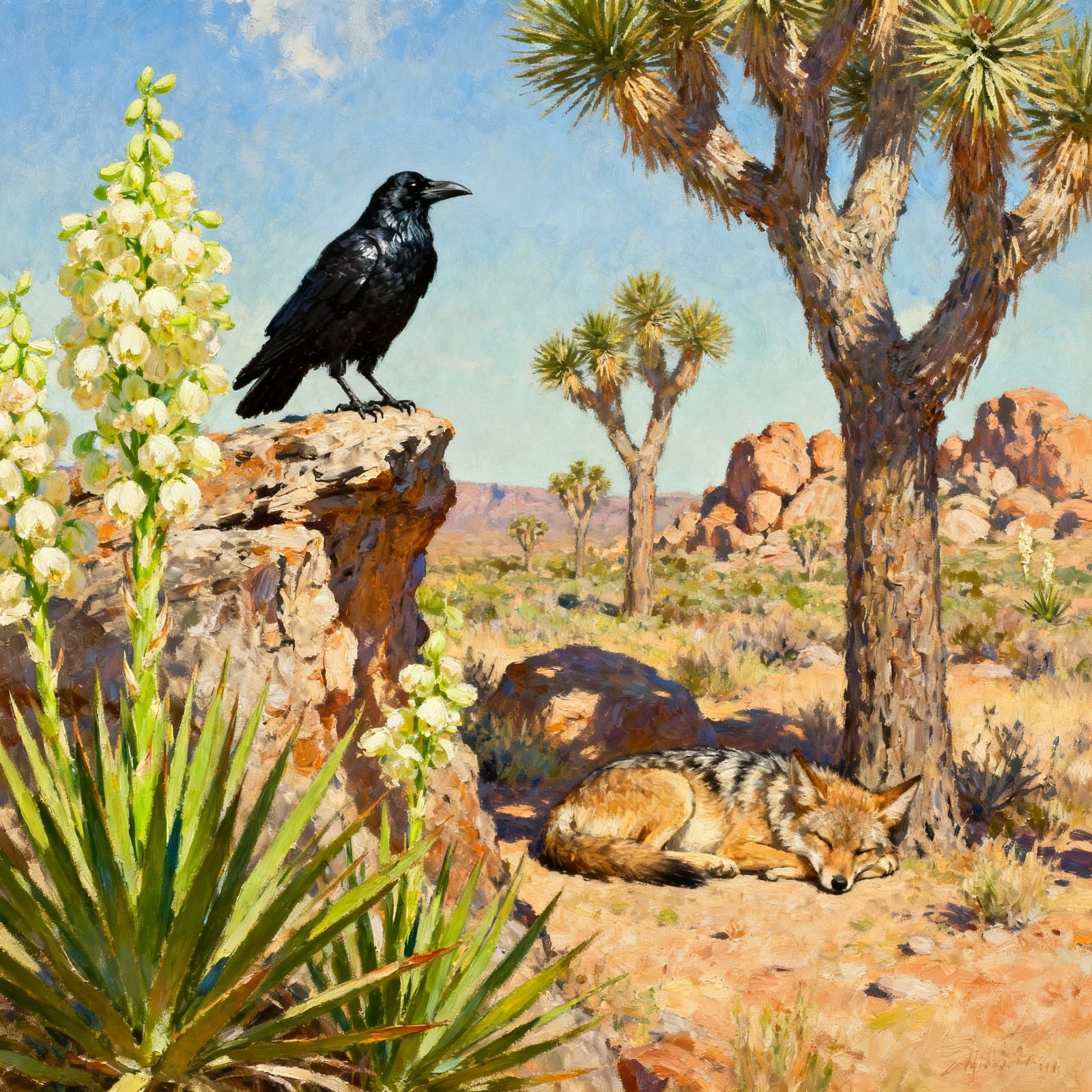 Desert Survivors: Crow and Coyote in Vibrant Landscape