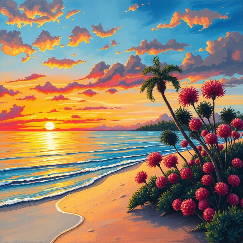 Abstract Sunset Beach with Pom Trees