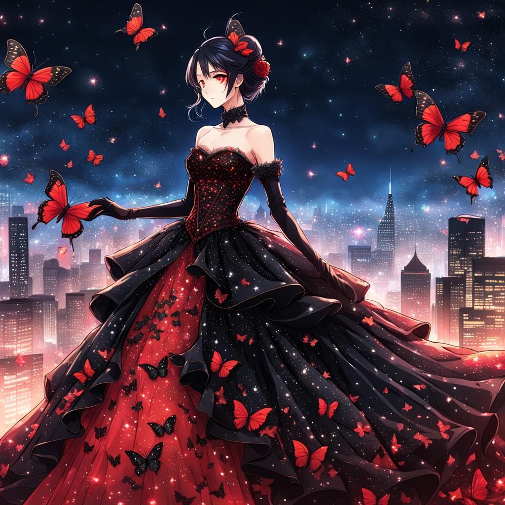 Anime Girl in Red and Black Masquerade Gown Under Starlit Sk...