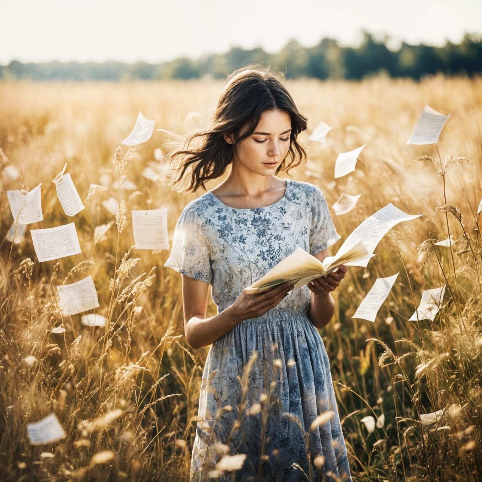 Dreamy Woman Surrounded by Floating Pages in a Vibrant Meado...
