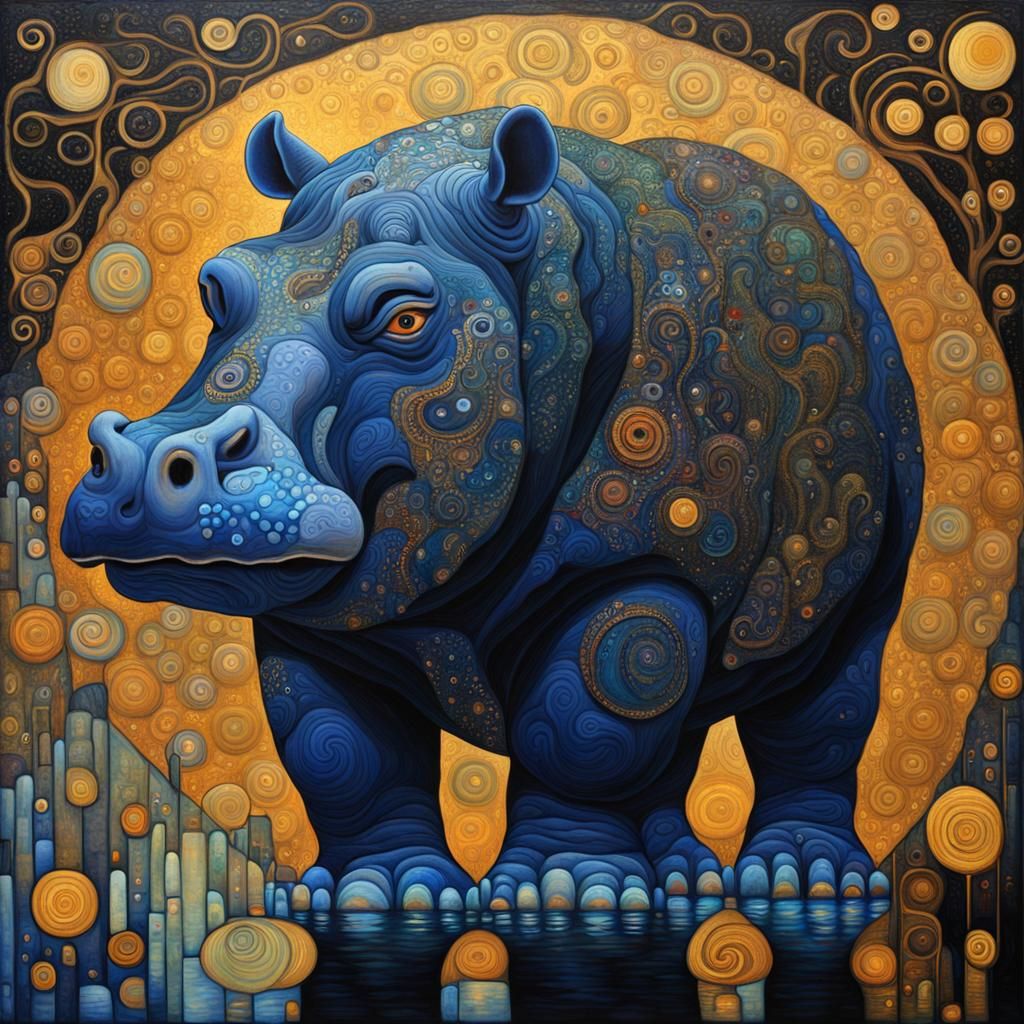 Ethereal Hippo with Intricate Fractal Patterns in a Dark Fan...