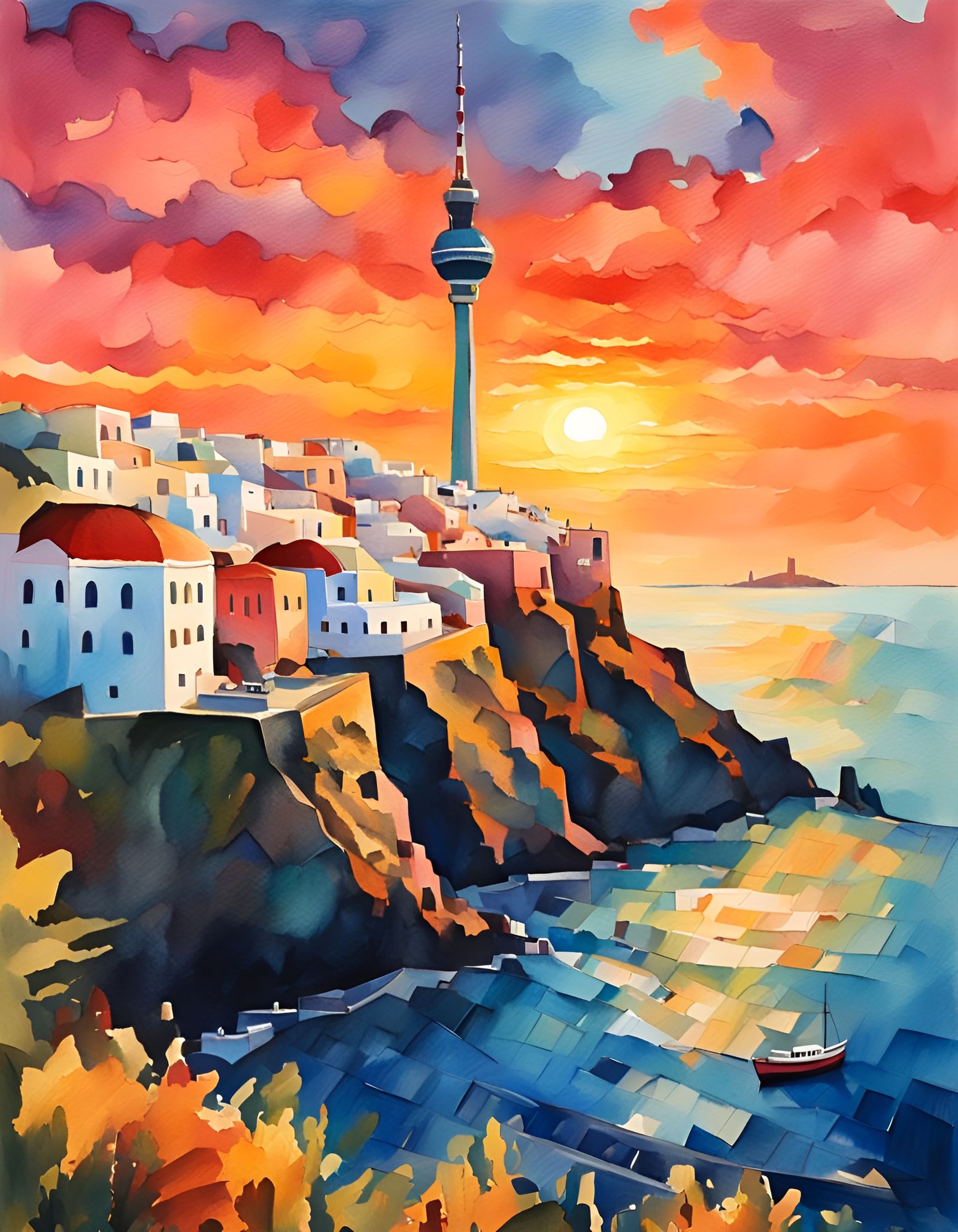 Santorini Village Scene with Berlin Television Tower at Suns...