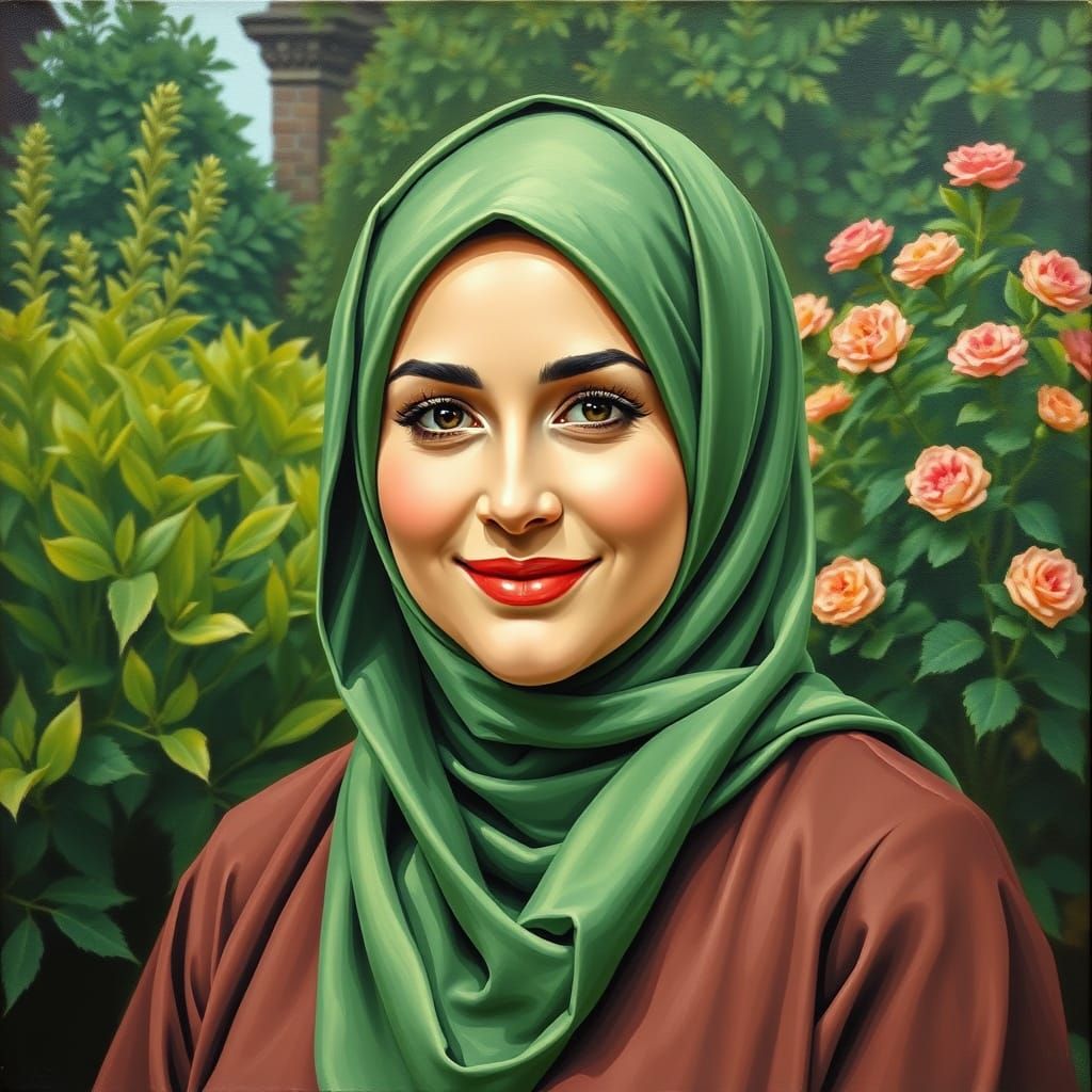 German Woman in Green Hijab Oil Painting