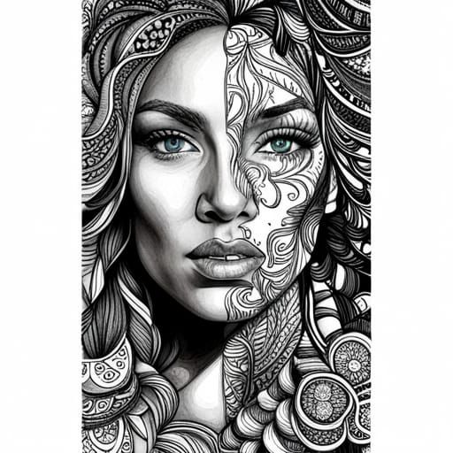 Surreal Woman Emerges from Intricate Doodle in Watercolour S...