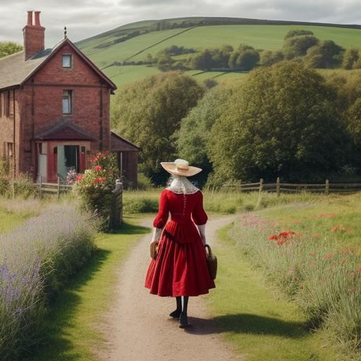 Victorian Lady Strolls Through a Quaint Village