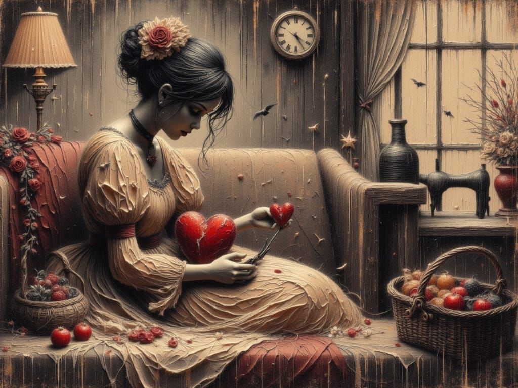 Sad Woman Mends Broken Heart With Needle and Thread