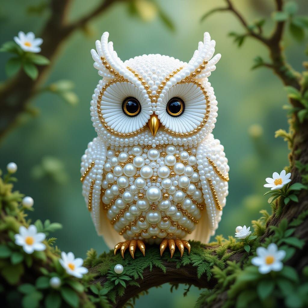 Beaded White Owl in Fairy-Tale Forest