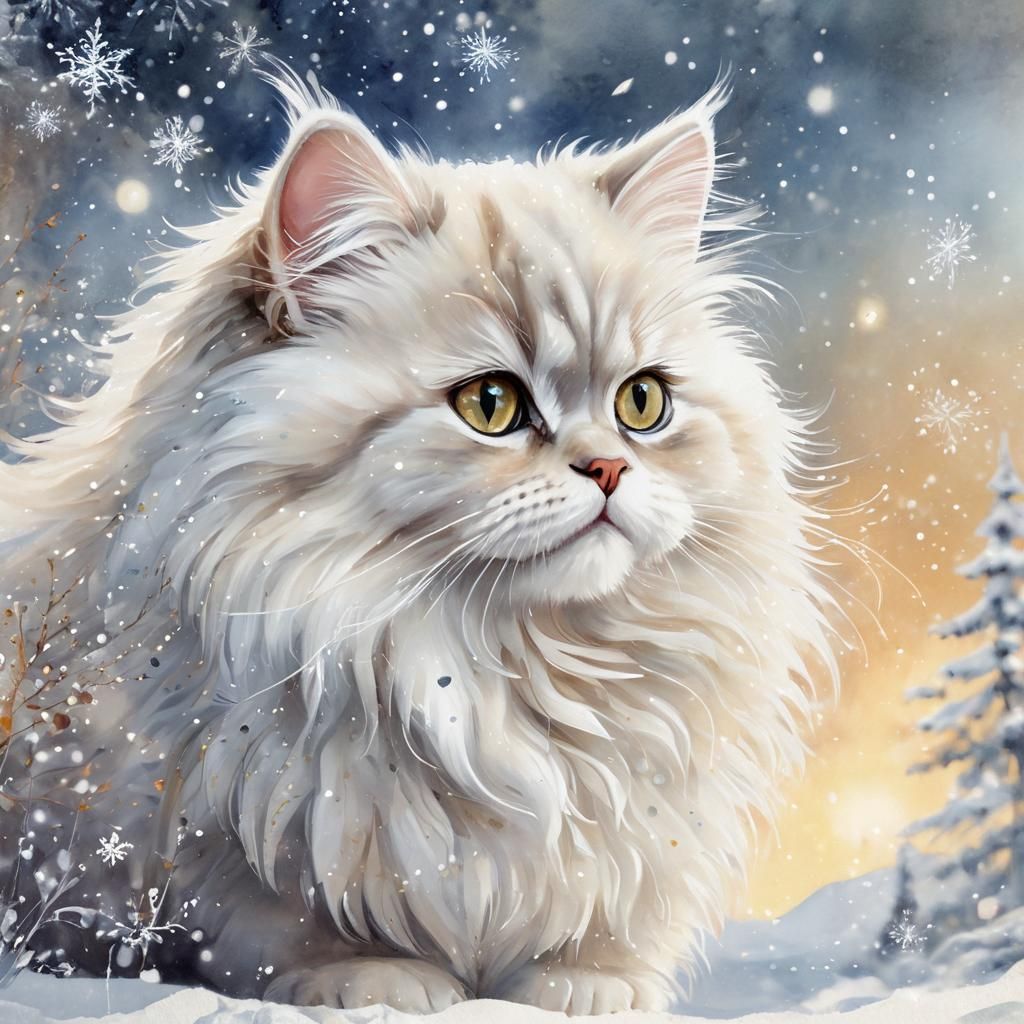 Whimsical Watercolor Portrait of a Persian Kitten in a Snowy...