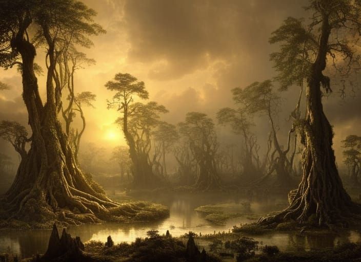 Celtic Forest Swamp at Sunset: Digital Matte Painting