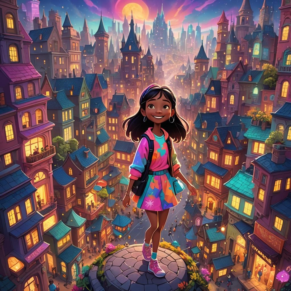 Vibrant Cartoon City in Whimsical Disney-Inspired Style