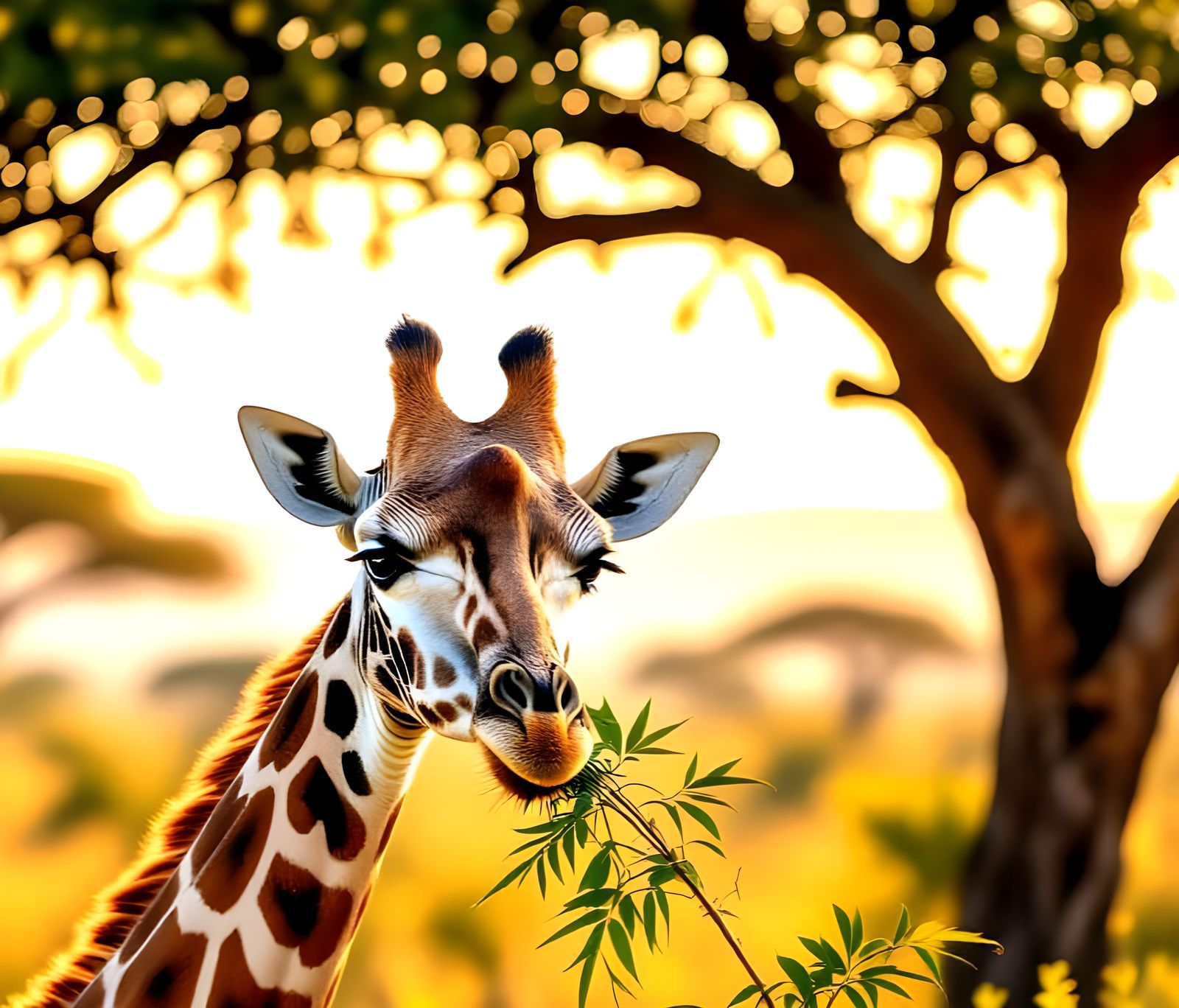 Giraffe Eating Leaves on African Savannah