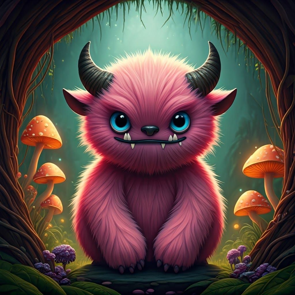 Whimsical Pink Monster Amidst Vibrant Foliage
