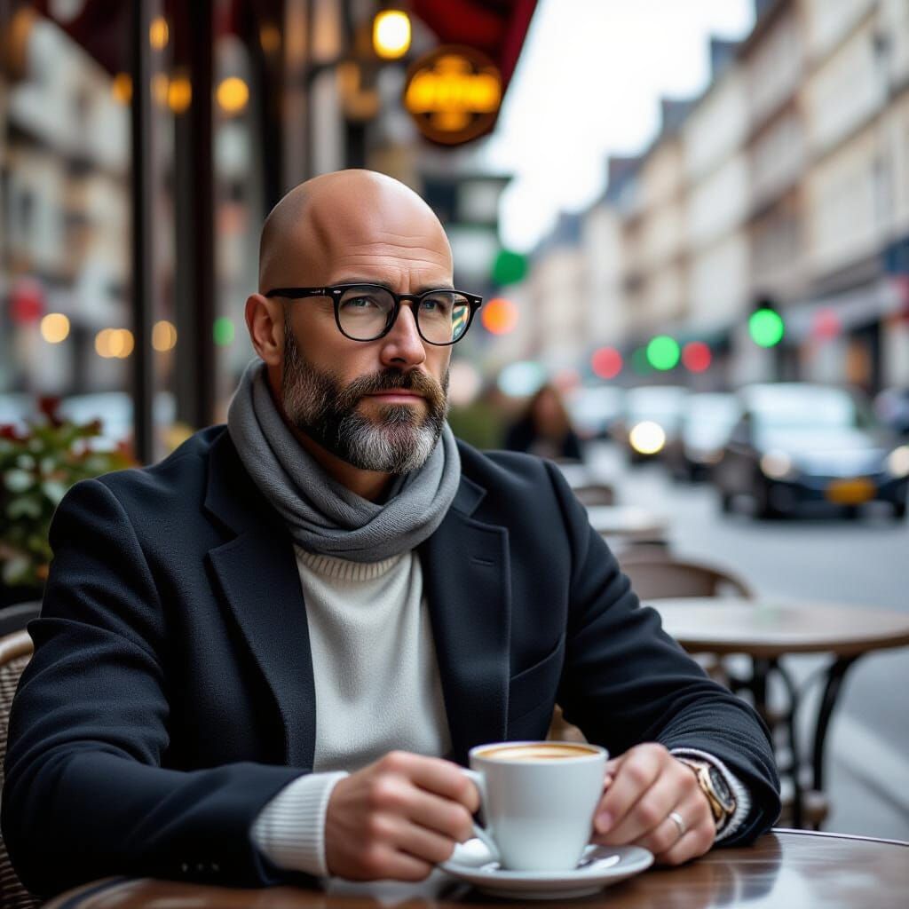Bald Man with Beard at European Cafe, Cinematic Photo