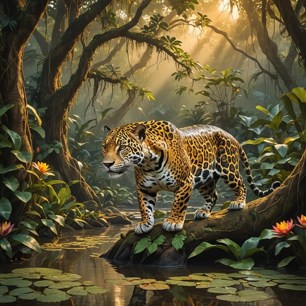 Majestic Jaguar Steps into Golden Amazonian Sunset
