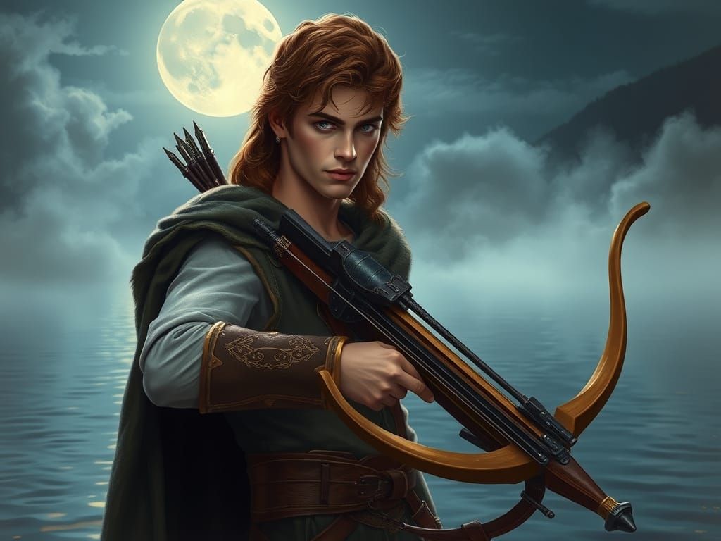 Regal Prince Stands Guard by Moonlit Lake in Enchanted Lands...