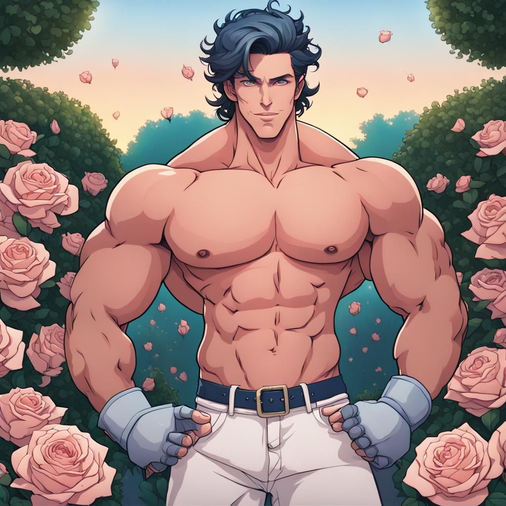 Strong Hero Adorns Fantastical Rose Garden under Sunset