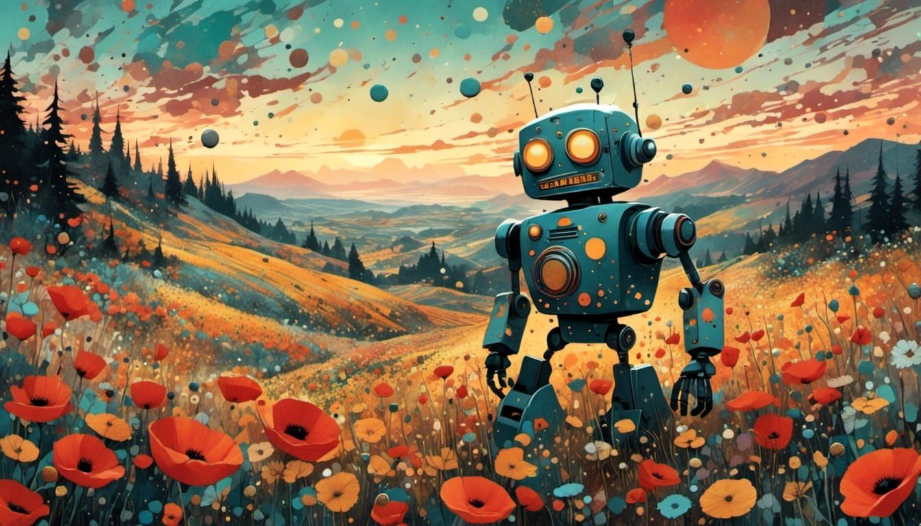 Surreal Robot in Vibrant Floral Landscape