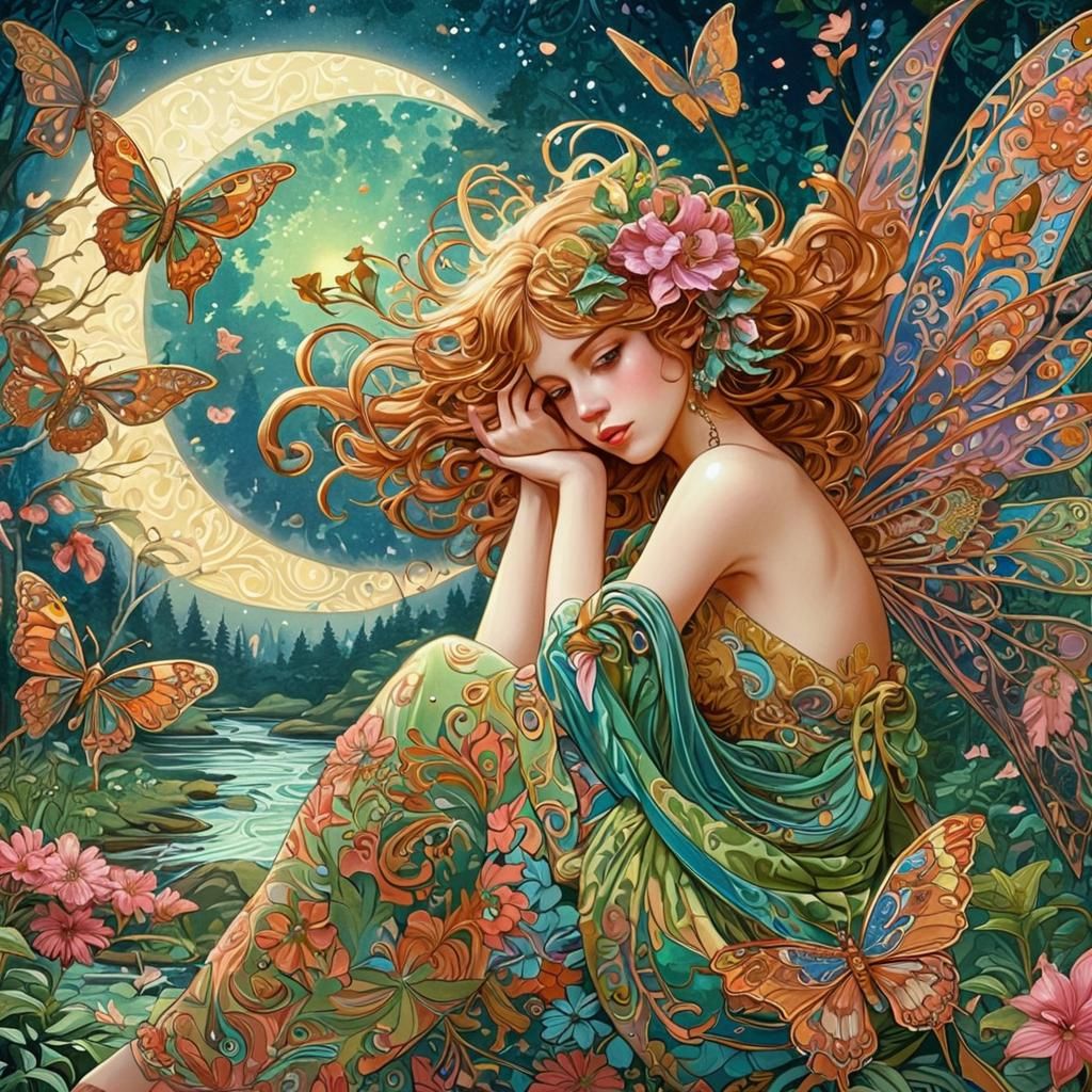 Surreal Art Nouveau Beauty in a Lush Green Forest