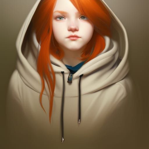 Vibrant Redhead Cat Girl in a Blue Hoodie, Dynamic Portrait