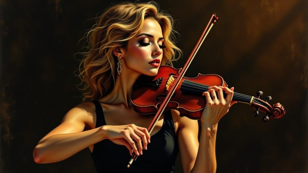 Serene Beauty in Dramatic Lighting, Violinist Lost in Music