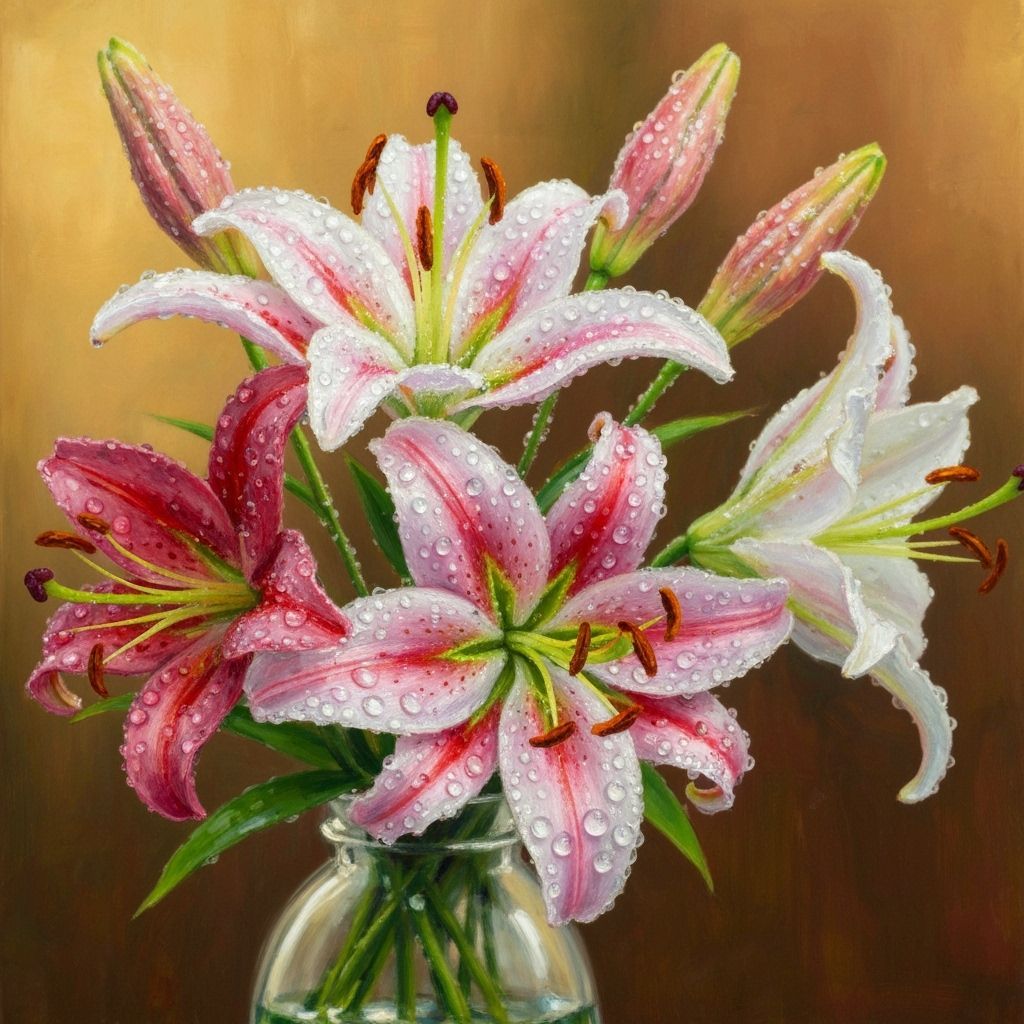 Lilies covered in dewdrops