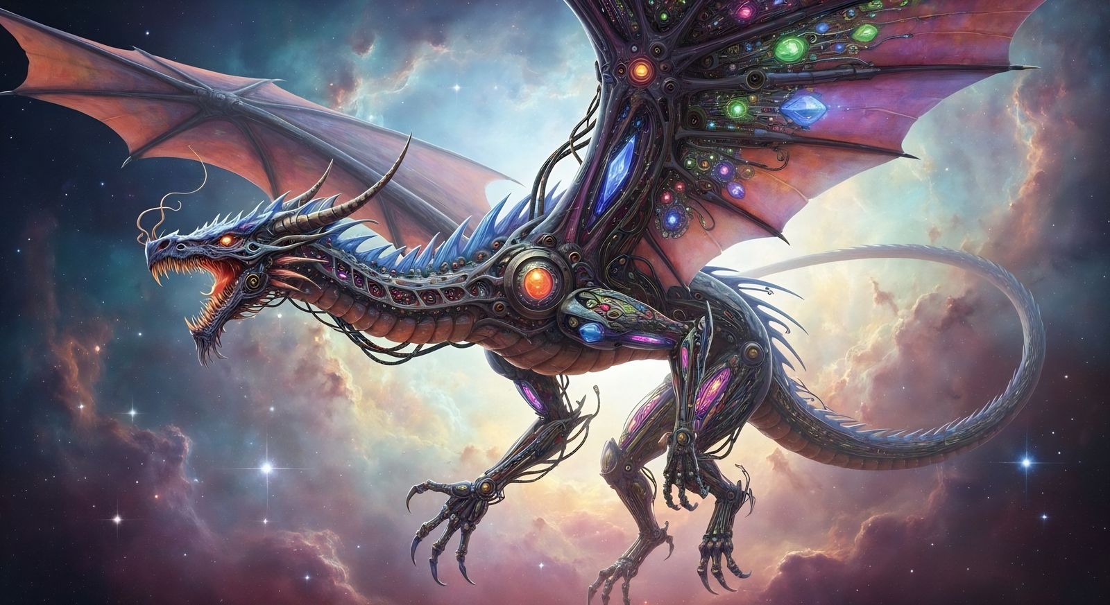 Biomechanical Dragon Soaring Through Nebula