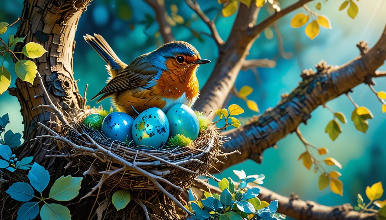 Robin Views Nest with Blue Eggs, Alcohol Ink Art