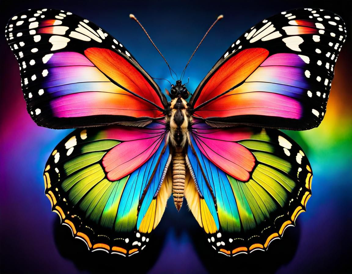 Vibrant Rainbow Butterfly in Flight over a Lush Forest