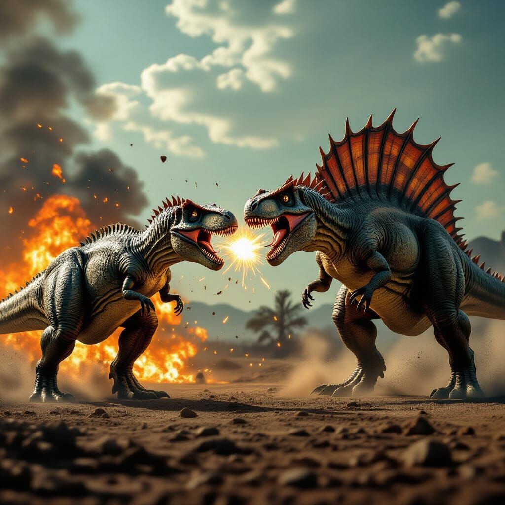 Epic T-Rex vs Spinosaurus Battle in Prehistoric Landscape