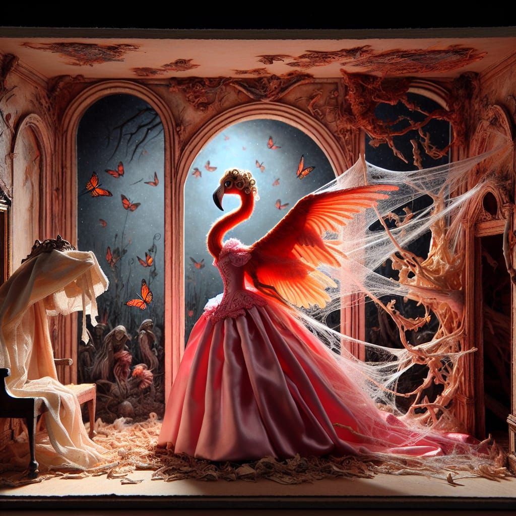 princess who slowly cocoons herself into a silken web from which she emerges into a red flamingo