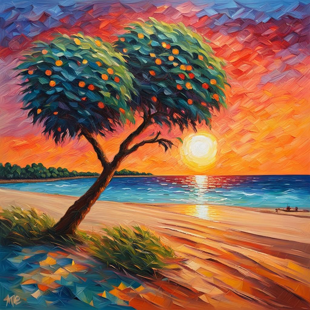 Vibrant Neo-Expressionist Beach Sunset